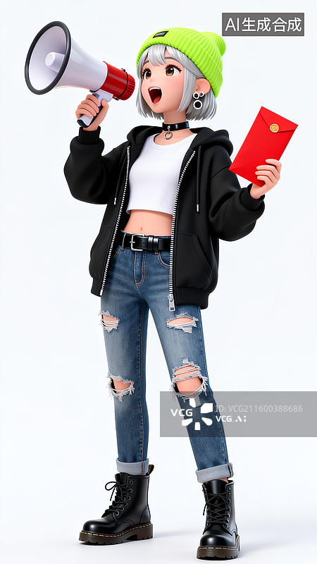 【AI数字艺术】拿红包喇叭促销的3D银发潮酷时尚女孩图片素材