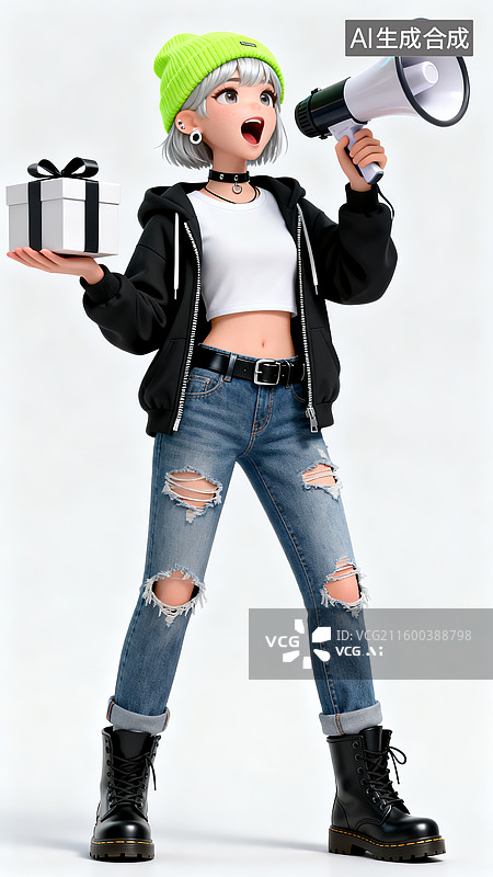 【AI数字艺术】拿着礼盒与喇叭促销的3D银发潮酷时尚女孩图片素材