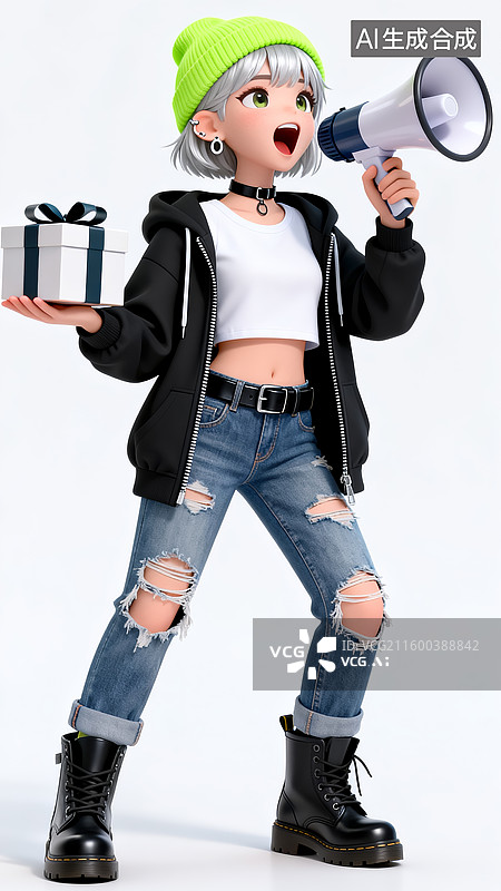 【AI数字艺术】拿着礼盒与喇叭促销的3D银发潮酷时尚女孩图片素材