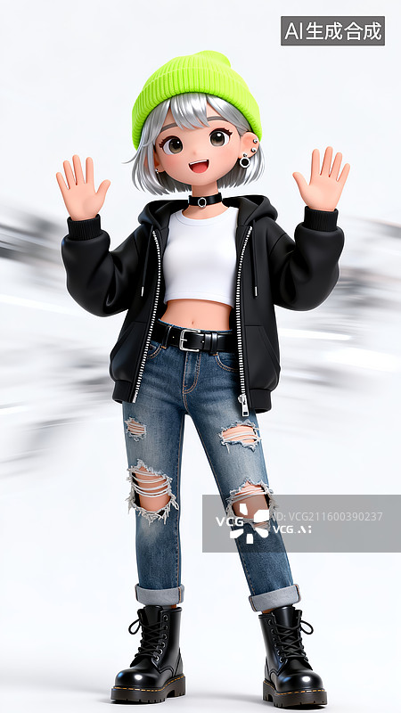 【AI数字艺术】打招呼挥手的3D银发潮酷时尚女孩图片素材