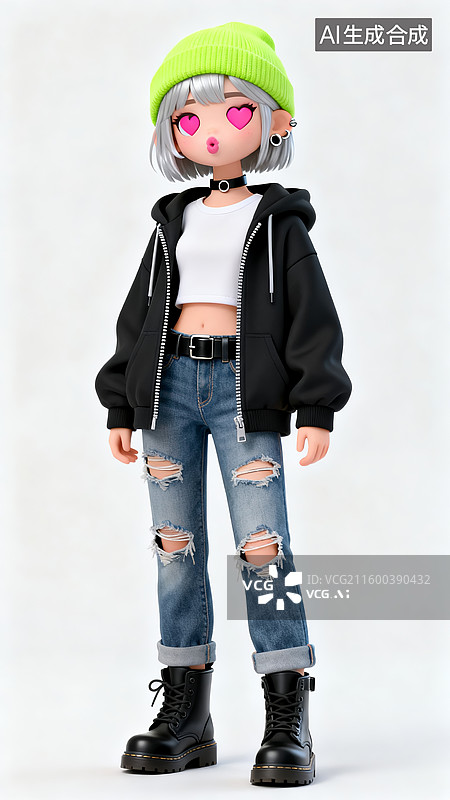【AI数字艺术】双眼爱心的3D银发潮酷时尚女孩图片素材