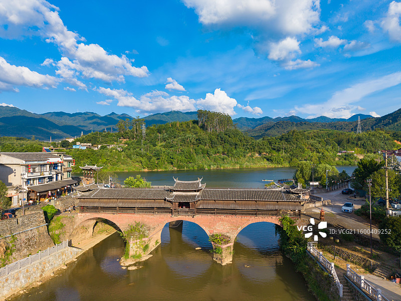 福建省三明市永安市贡川镇集凤村，会清桥，乡村航拍图片素材