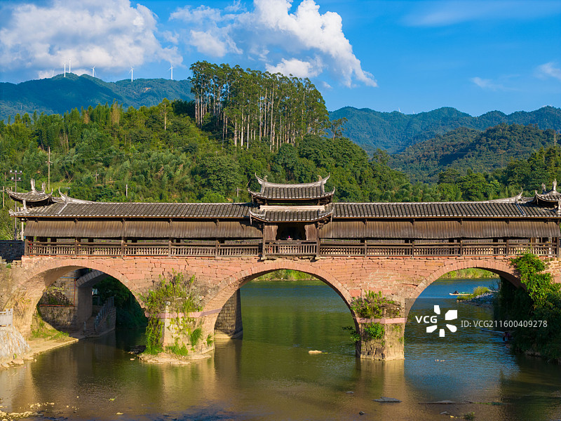福建省三明市永安市贡川镇集凤村，会清桥，乡村航拍图片素材