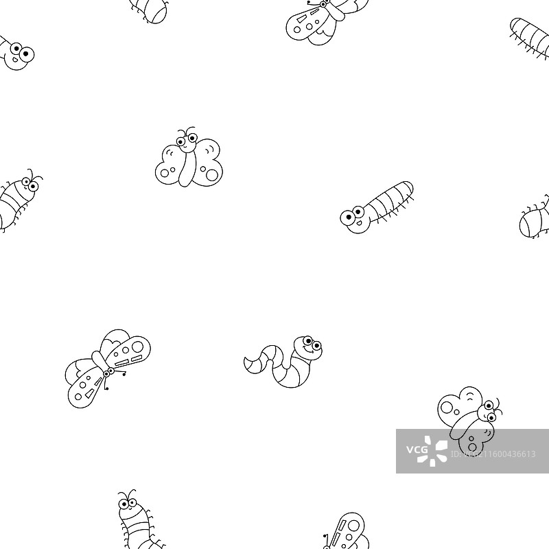 可爱的昆虫无缝图案着色页图片素材