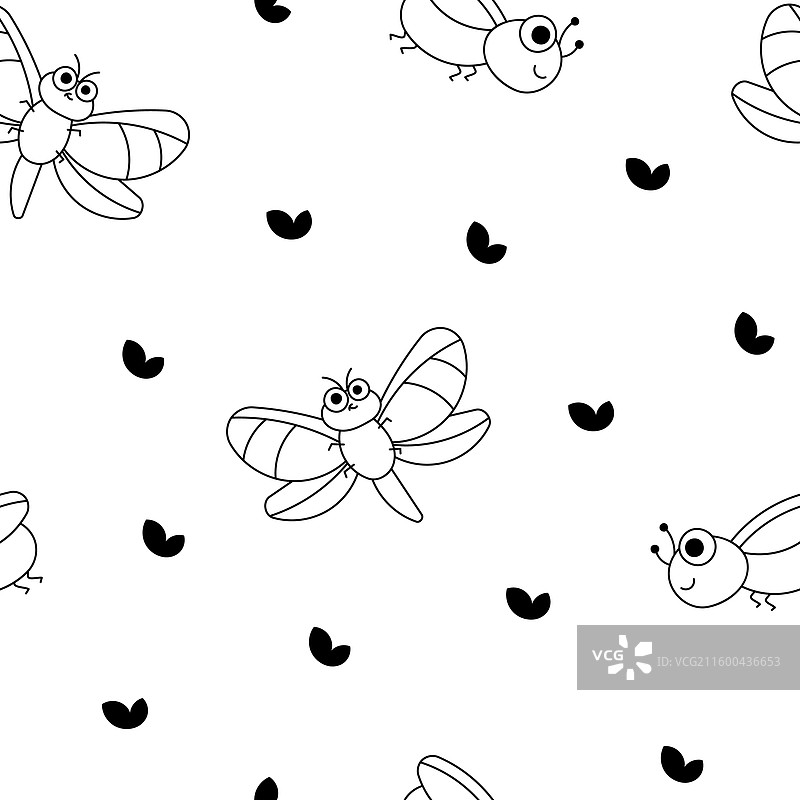 可爱的昆虫无缝图案着色页图片素材