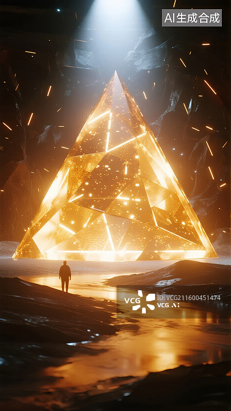 【AI数字艺术】发光金字塔前的孤独身影图片素材
