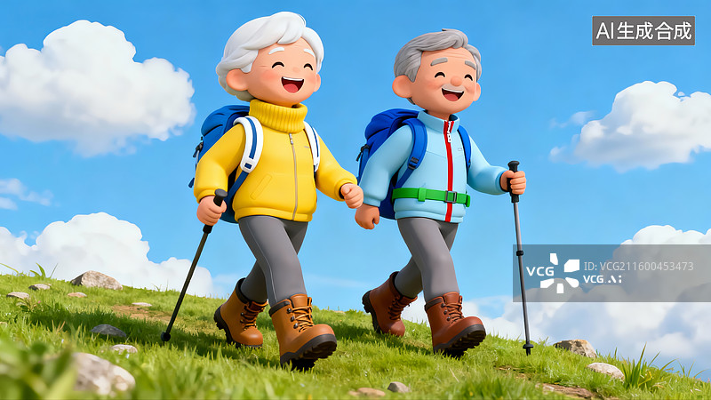 【AI数字艺术】银发经济，退休后的老年夫妇户外徒步登山图片素材