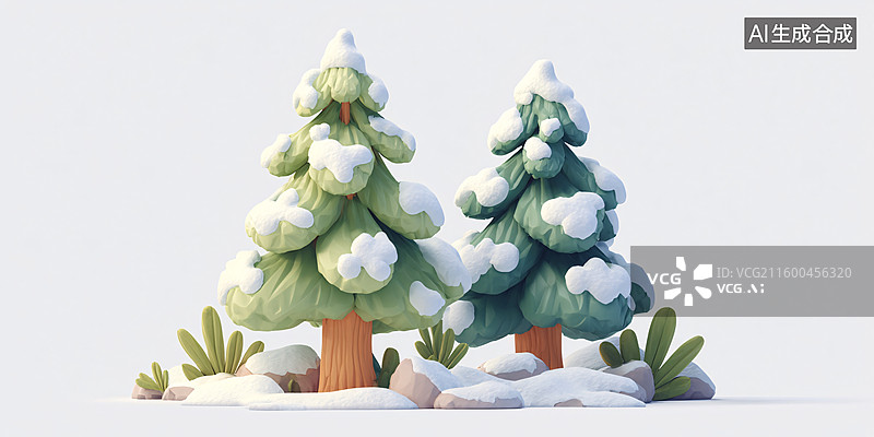 【AI数字艺术】3d卡通冬日积雪松树图片素材