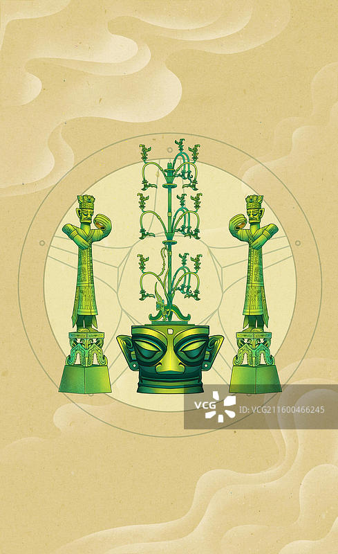 三星堆青铜纵目面具青铜树国潮插画图片素材