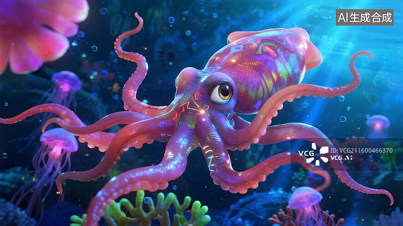 【AI数字艺术】深海霓虹：奇幻鱿鱼探险图片素材