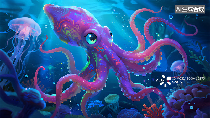 【AI数字艺术】深海霓虹：奇幻鱿鱼探险图片素材