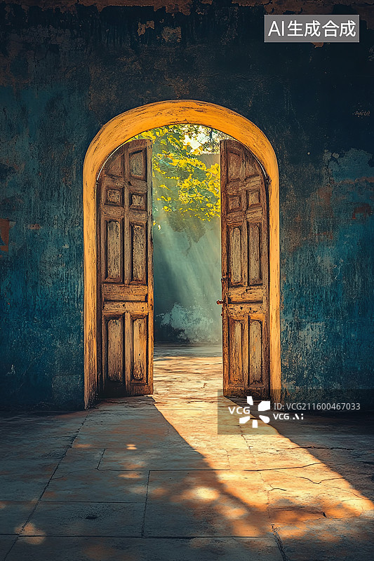 【AI数字艺术】古门透光，光影斑驳图片素材