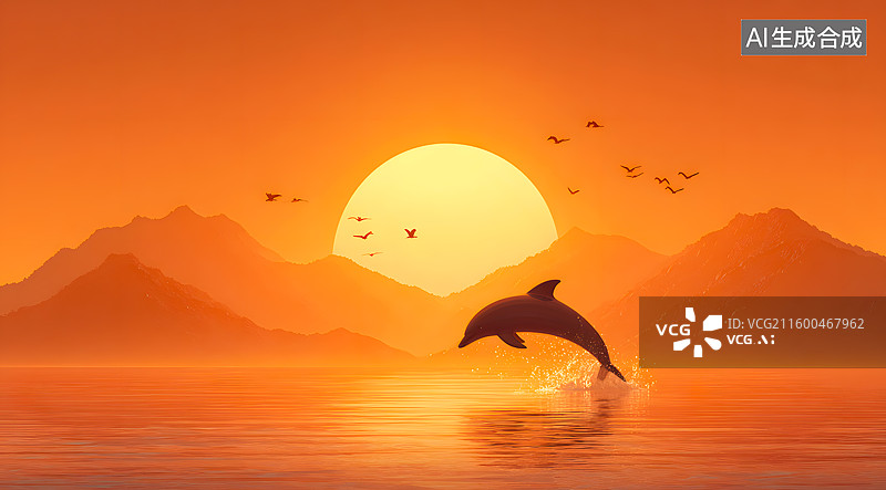 【AI数字艺术】夕阳下一只海豚跃出水面图片素材