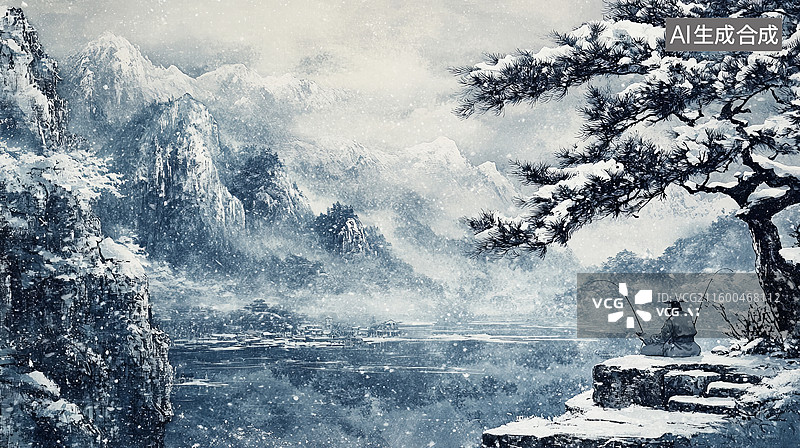 【AI数字艺术】雪景山水画中孤舟垂钓图片素材
