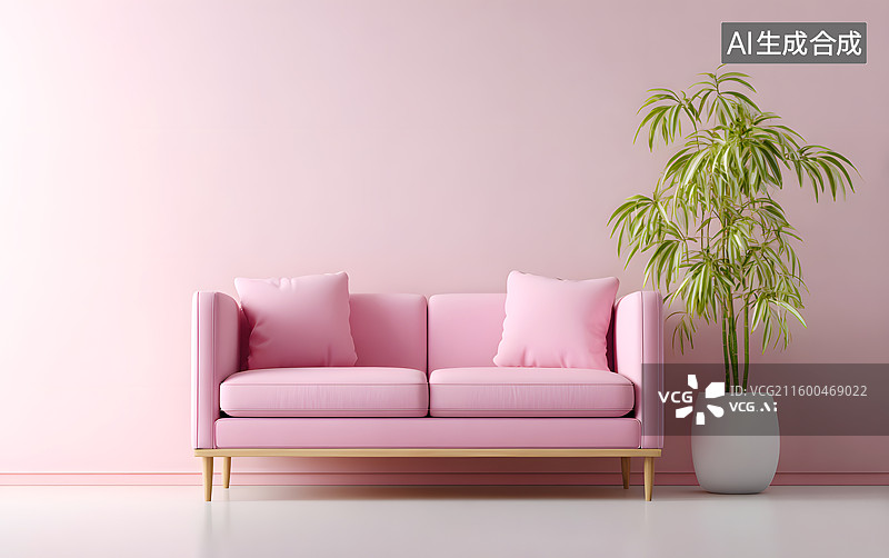 【AI数字艺术】粉红色的沙发旁一盆绿色的盆栽图片素材