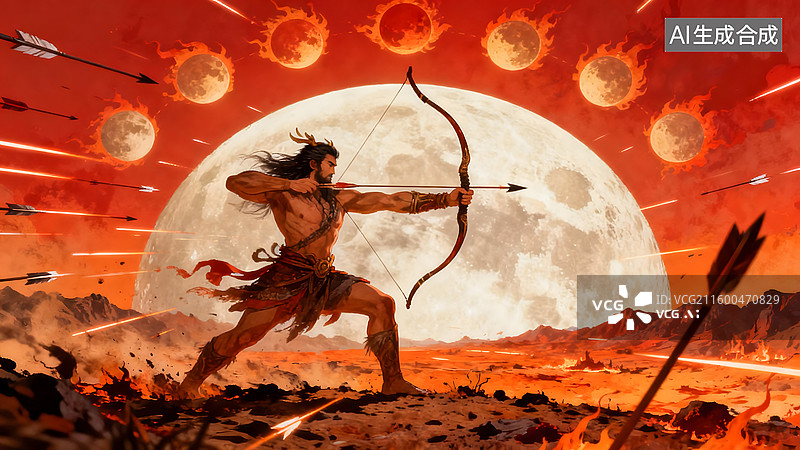 【AI数字艺术】中国古典神话传说，精卫填海，女娲补天，盘古开天，后羿射日，夸父追日图片素材