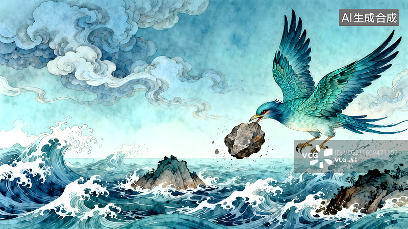 【AI数字艺术】中国古典神话传说，精卫填海，女娲补天，盘古开天，后羿射日，夸父追日图片素材