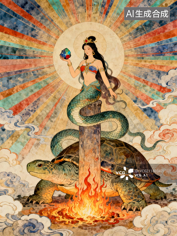 【AI数字艺术】中国古典神话传说，精卫填海，女娲补天，盘古开天，后羿射日，夸父追日图片素材