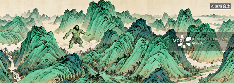 【AI数字艺术】中国古典神话传说，精卫填海，女娲补天，盘古开天，后羿射日，夸父追日图片素材