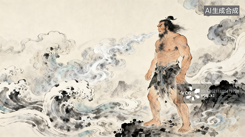 【AI数字艺术】中国古典神话传说，精卫填海，女娲补天，盘古开天，后羿射日，夸父追日图片素材