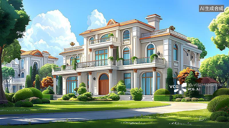 【AI数字艺术】现代别墅 城市花园景观 阳光庭院 简约住宅设计  卡通现代别墅建筑  豪华别墅外观效果图图片素材