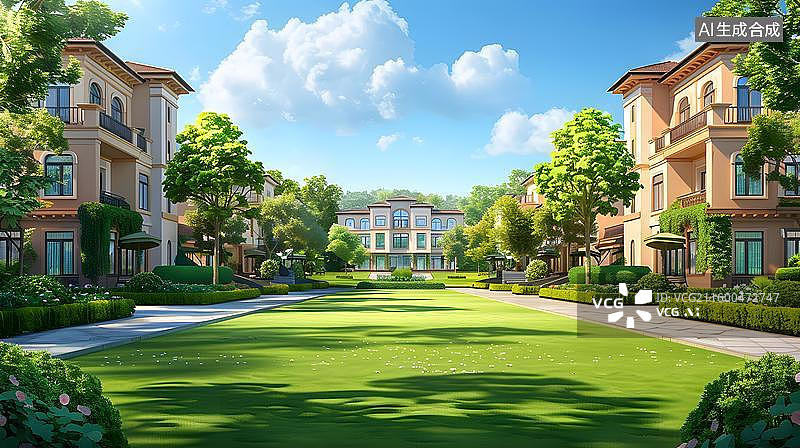 【AI数字艺术】现代别墅 城市花园景观 阳光庭院 简约住宅设计  卡通现代别墅建筑  豪华别墅外观效果图图片素材