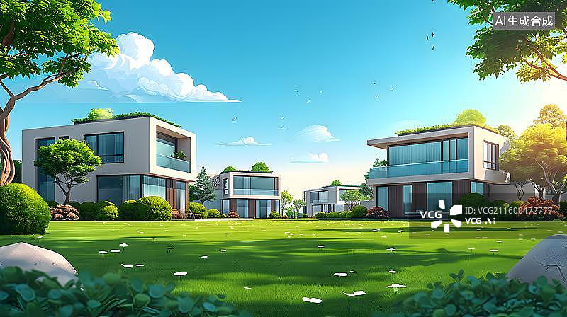 【AI数字艺术】现代别墅 城市花园景观 阳光庭院 简约住宅设计  卡通现代别墅建筑  豪华别墅外观效果图图片素材