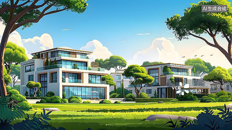 【AI数字艺术】现代别墅 城市花园景观 阳光庭院 简约住宅设计  卡通现代别墅建筑  豪华别墅外观效果图图片素材