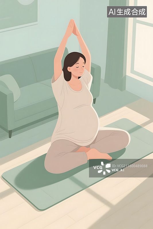 【AI数字艺术】孕妇室内瑜伽锻炼图片素材