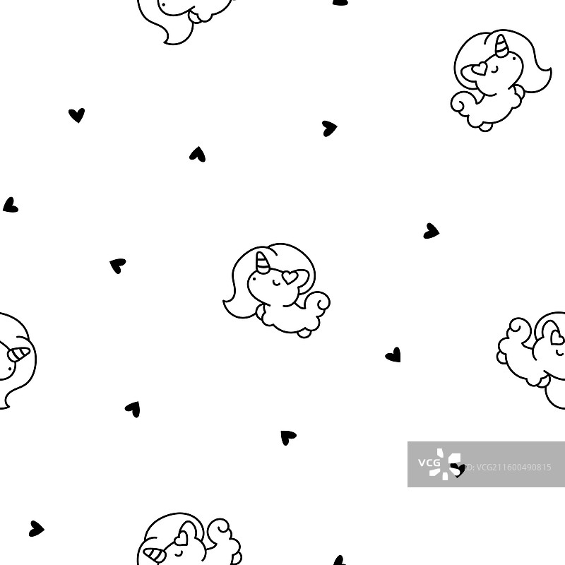 可爱的卡哇伊小独角兽涂色页图片素材