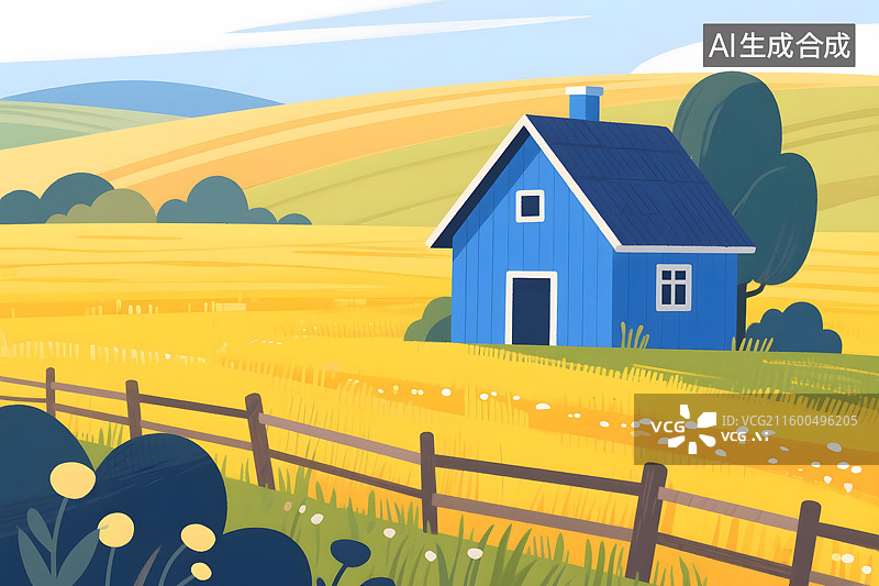 【AI数字艺术】蓝色小屋与金色麦田图片素材