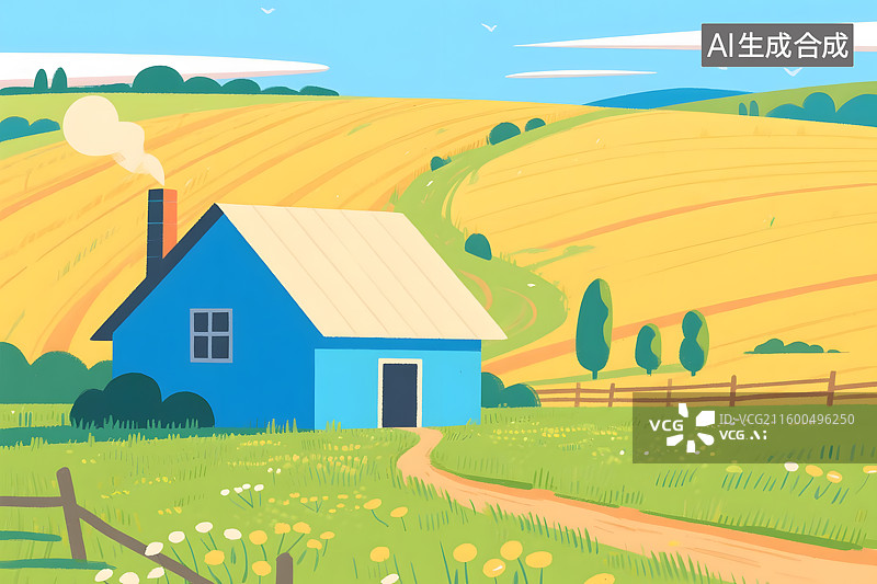 【AI数字艺术】蓝色小屋与金色麦田图片素材