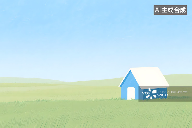 【AI数字艺术】蓝色小屋与金色麦田图片素材