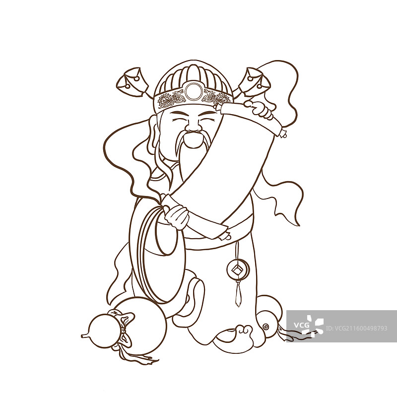 五路财神卡通国潮手绘插画黑白线稿图片素材