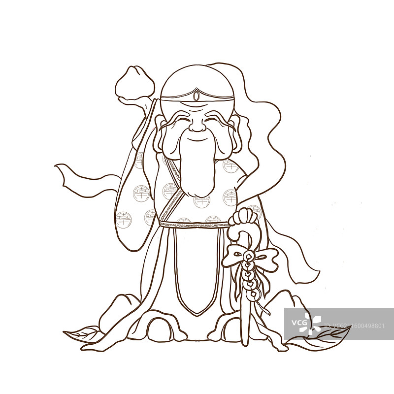 五路财神卡通国潮手绘插画黑白线稿图片素材