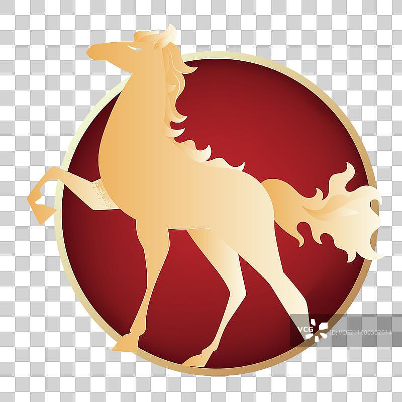 矢量中国新年插画元素 红色圆形背景上站立的金马元素图片素材