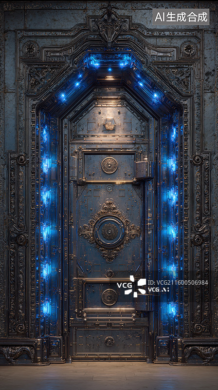 【AI数字艺术】蓝色光点装饰的金属大门图片素材