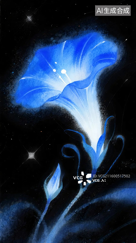 【AI数字艺术】蓝色牵牛花喇叭花梦幻手绘插画壁纸图片素材