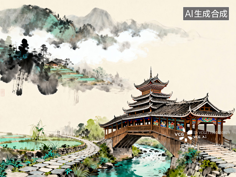 【AI数字艺术】风景如画的传统中式廊桥图片素材