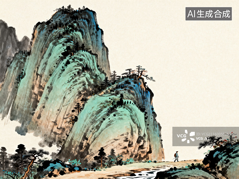 【AI数字艺术】传统中国山水画卷中的巍峨山峦与行者图片素材