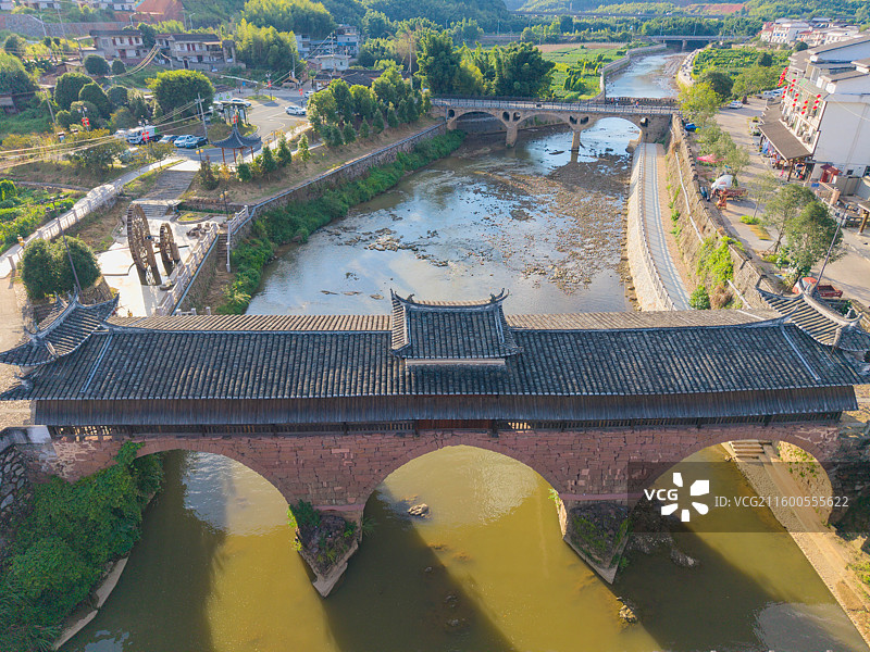 福建省三明市永安市贡川镇集凤村，会清桥，乡村航拍图片素材