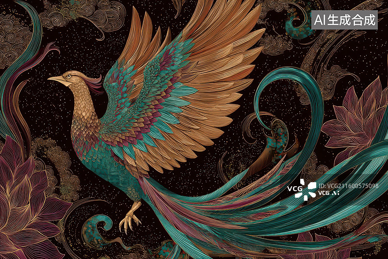 【AI数字艺术】绚丽凤凰飞鸟奇幻羽毛传统艺术图图片素材