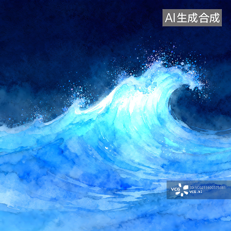 【AI数字艺术】水彩海浪奔涌尽显海洋壮阔灵动意境图片素材