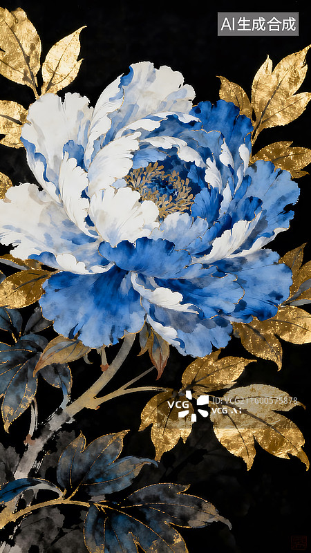 【AI数字艺术】蓝白牡丹金叶配景尽显国画华贵典雅韵味图片素材