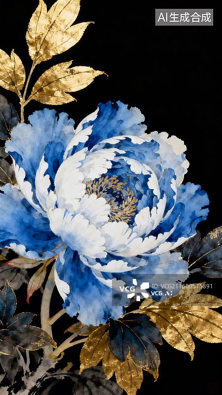 【AI数字艺术】蓝白牡丹金叶配景尽显国画华贵典雅韵味图片素材