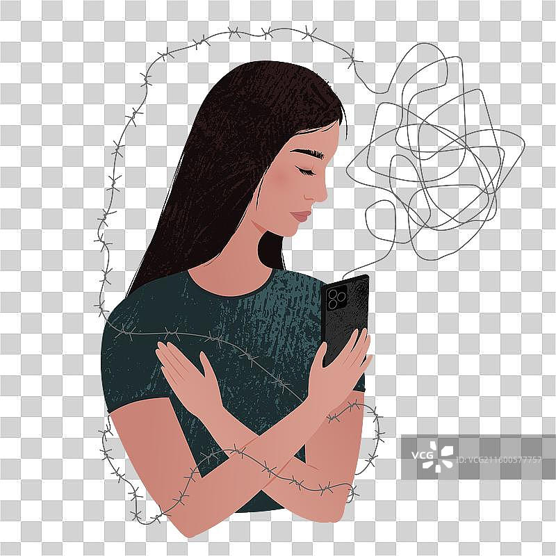 年轻女孩手持智能手机，警惕网络诈骗图片素材