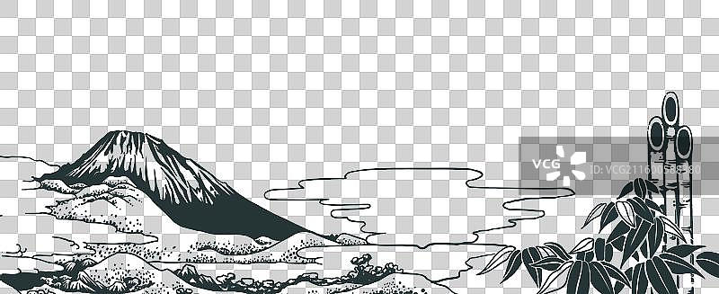 春季富士山线稿浮世绘风格图片素材