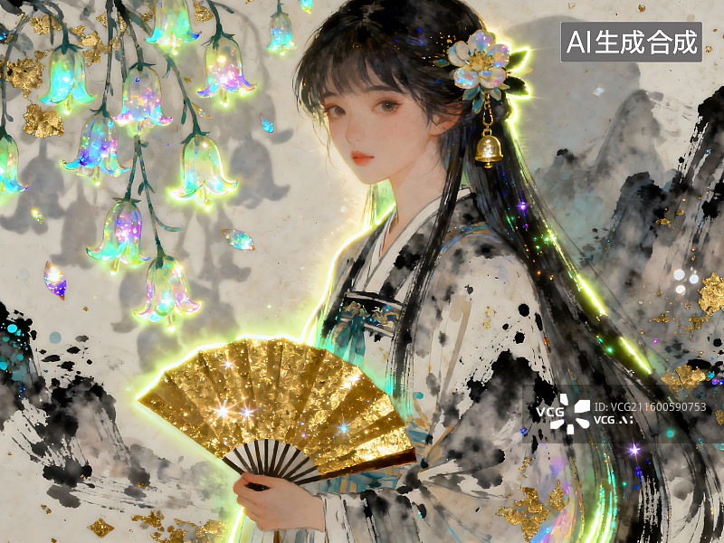 【AI数字艺术】穿着传统服装的年轻女子手持扇子的肖像图片素材