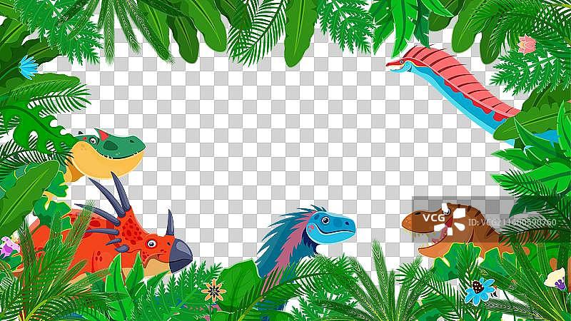 史前恐龙置身于丛林植物画框中图片素材
