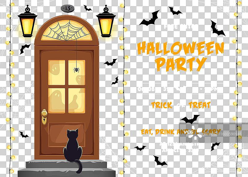 万圣节派对传单，有节日门和猫图片素材